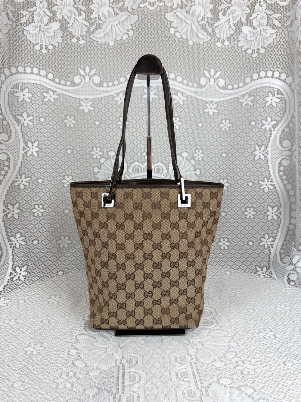Gucci Beige Brown GG Canvas Tote with Dark Brown Trim